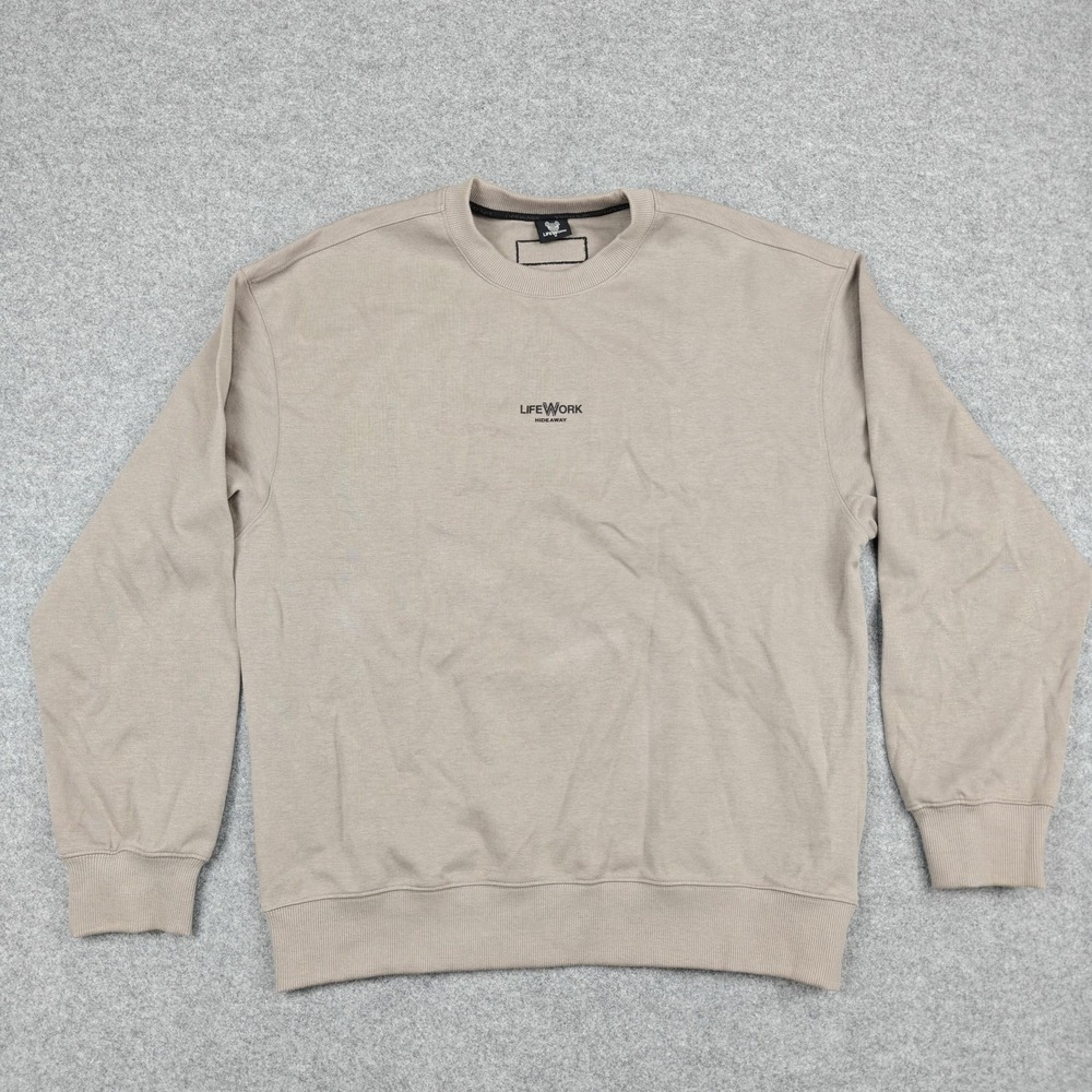 LifeWork Hideaway Sweatshirt Mens Medium Beige Logo Crewneck Pullover Graphic‎